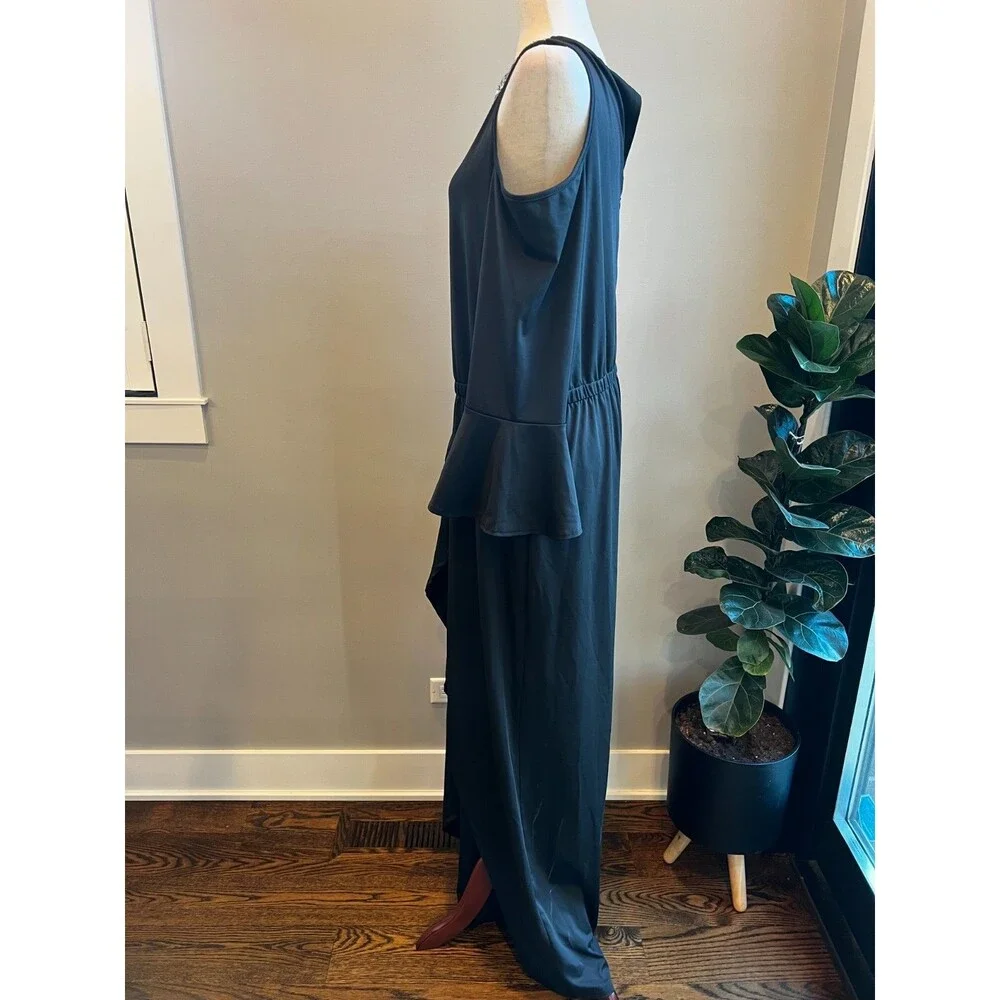 Black Cold Shoulder Bell Sleeve Wide Leg Jumpsuit with Sequin Neckline NEW